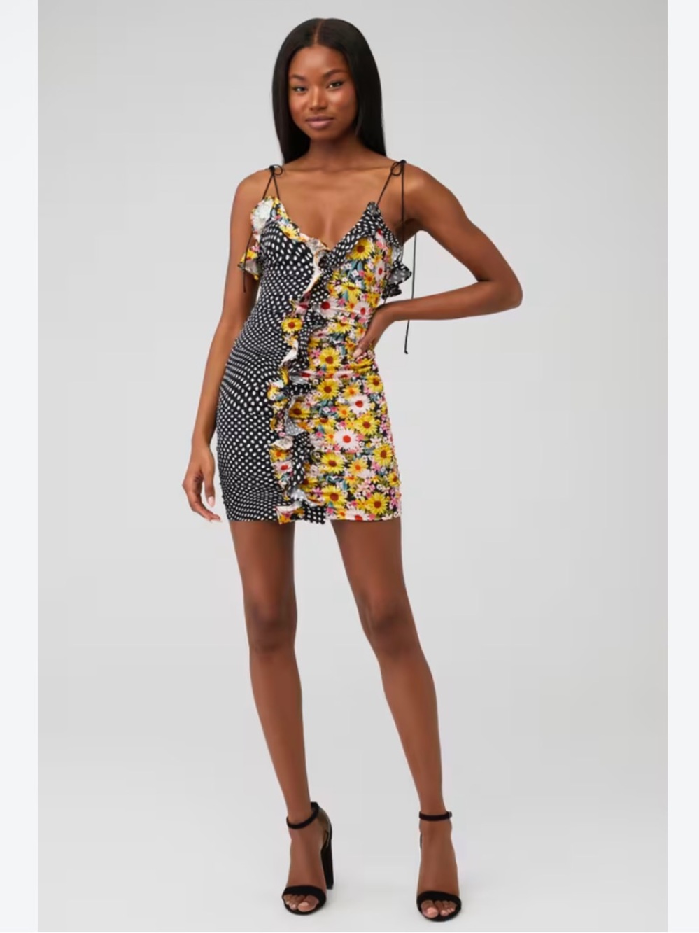 For Love & Lemons Julia Mini Dress Black Yellow Polka Dot Floral Size Medium